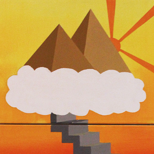 Painting of surreal cityscape with floating pyramids
