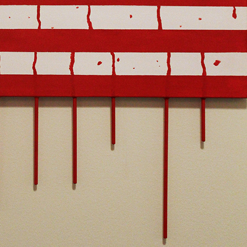 Painting of bleeding american flag with bullet holes instead of stars