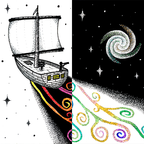 Pen Drawing of old-style sea boat in space